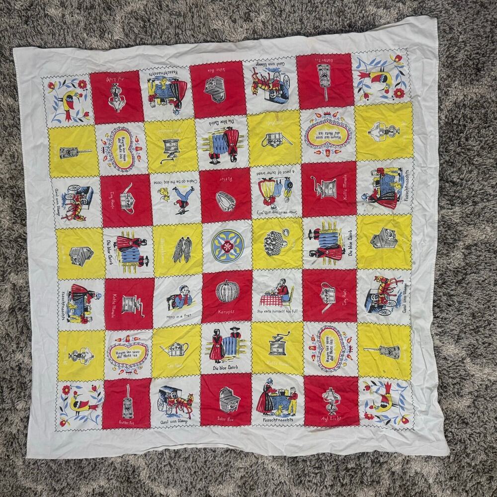 Vintage Pennsylvania Dutch Checkerboard Tablecloth Amish Family 44" square